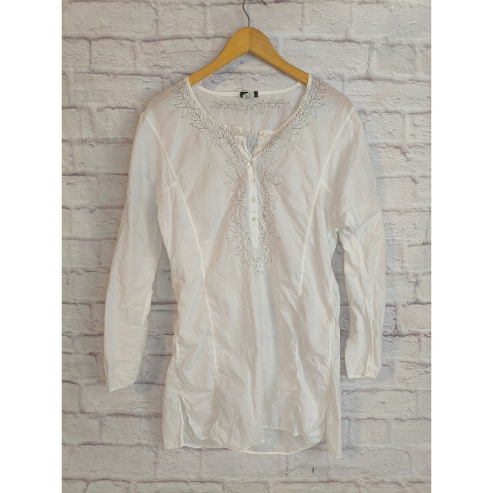 J Crew Womens White Cotton Metallic Silver Embroidered Henley Tunic Top Medium